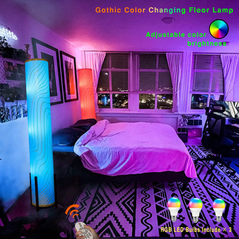 61 Inch Color Changing Floor Lamp With 3 Smart LED Bulbs illuminating bedroom with rainbow lighting beside bed