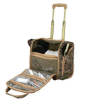 Open 15 Inch Dope Under The Seat Bag With Paisley Polyester Carry On Luggage That Doubles As A Rolling Tote Or Business Case Airline Compatible Durable Build With A 5 Year Warranty In Black Sand Paisley showing inside compartments.