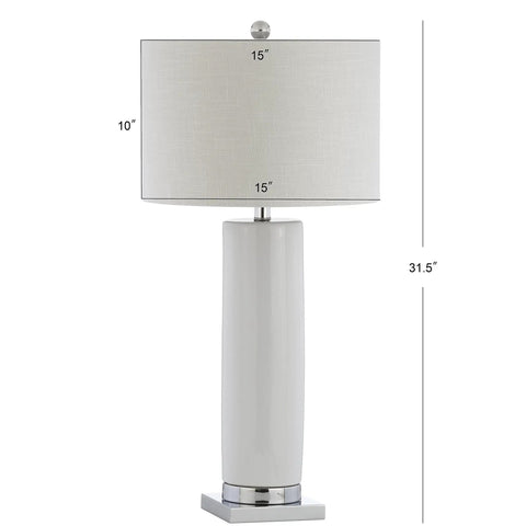 White Ceramic Table Lamp With Chrome Base 31.5 Inch Tall, White Linen Drum Shade, Modern Bedside Nightstand Light For Living Room Or Office, LED Bulb Included And ETL Listed