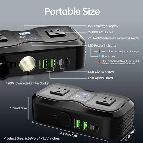 Tough Car Power Inverter Converts 12V DC To 110V AC Featuring USB C And USB A Fast Charging Ports Fits Standard Cup Holders, showing inputs and size.