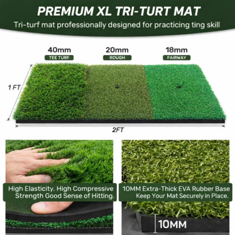 Tri-turf mat for Ultra Large 70x70 Inch Golf Chipping Net For Backyard Practice, showing sections for tee, rough, fairway with rubber base.