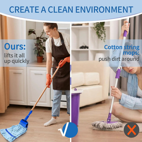 Comparison of microfiber mop and cotton string mop showing Grab These Top Shelf Microfiber Mop Refills For A Badass Clean Every Time.
