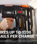 Person using Powerful 20V Cordless Nail And Staple Gun For Pros, 18 Gauge Brad Nailer And Narrow Crown Staples, Tool Only