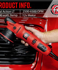 Person holding 9mm Dual Action Car Polisher Long Throw DA Buffer For Detailers 1000W Power in front of red car grille