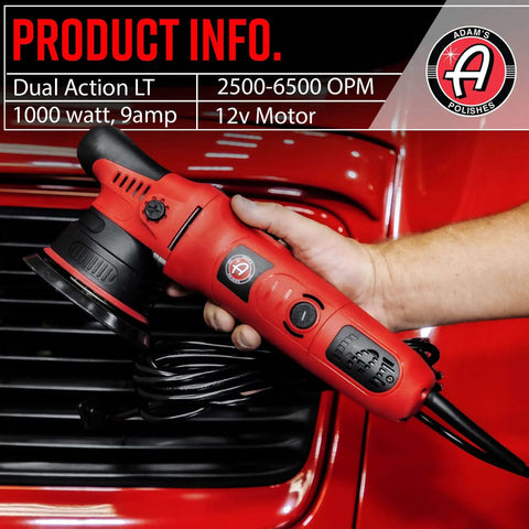 Person holding 9mm Dual Action Car Polisher Long Throw DA Buffer For Detailers 1000W Power in front of red car grille