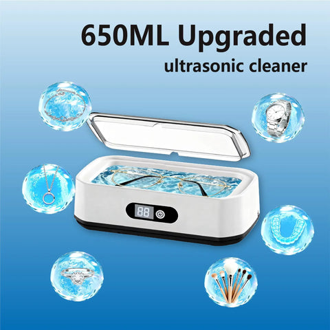 Slick Pro Level Ultrasonic Jewelry Cleaner With 49Khz Deep Wash Power And Five Auto Modes Digital Panel For Glasses Rings Watches And Dental Gear Featuring Beefy Stainless Steel Tank For Zero Drama Fresh Sparkle On Command in a 650ml basin with cleaning solutions.