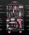 157 Piece Pink Cordless Drill Tool Set With LED Light And Variable Speed featuring various tools in a compact case.
