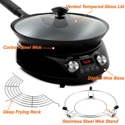Induction Wok That Lets You Dial In Temp From 100°F To 575°F In 5° Increments For Wok Hei Flavor And Charred Aroma, 14-Inch Carbon Steel Wok Included, Digital On-The-Fly Adjustments For Easy Cooking No Sweat, Black, vented glass lid, digital base, frying rack, wok stand