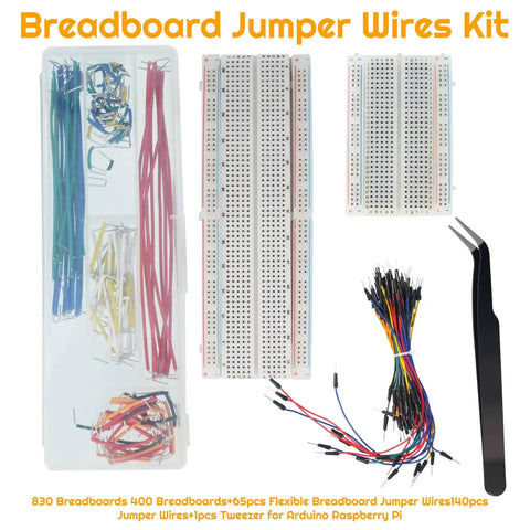 All In One Breadboard Starter Kit with 400 and 830 breadboards, 140 jumper wires, 65 flexible jumpers, tweezers for Arduino and Raspberry Pi