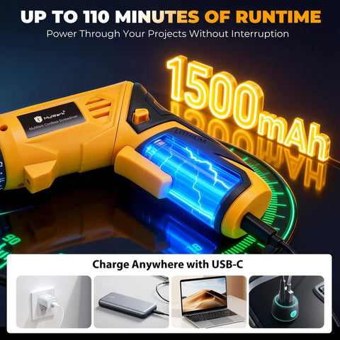 Heavy Duty 4V Cordless Electric Screwdriver Set Featuring 46 Precision Driver Bits In A Slick Carrying Case With Adjustable Torque And All Day Battery Juice For No Fuss Diy And Home Upgrades showing battery life and charging options.