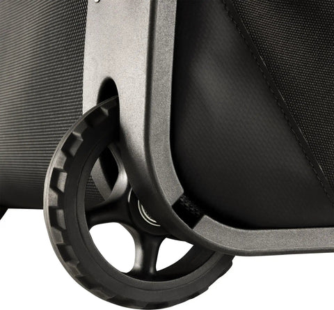 Close-up of wheel on Rolling Wheeled Backpack For Travel And Dive Gear High Capacity Luggage With Fin Pocket Converts To Backpack