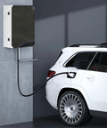 Heavy Duty Wall Mount EV Charger Cover For Outside Straight Up Weatherproof Electric Vehicle Charging Station Shell Built Tough With Key And Combination Lock Universal Tesla Fit mounted on wall beside a white SUV.