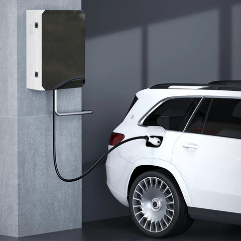 Heavy Duty Wall Mount EV Charger Cover For Outside Straight Up Weatherproof Electric Vehicle Charging Station Shell Built Tough With Key And Combination Lock Universal Tesla Fit mounted on wall beside a white SUV.