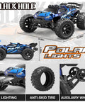 One Fourteen Scale All Terrain RC Car 4WD Off Road Truck With High Speed Up To 40 Km Hr Waterproof Remote Control Vehicle with detailed parts like lighting, tires, auxiliary wheel and dimensions shown.