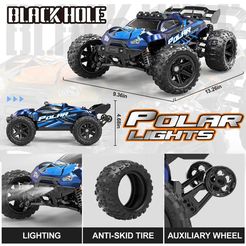 One Fourteen Scale All Terrain RC Car 4WD Off Road Truck With High Speed Up To 40 Km Hr Waterproof Remote Control Vehicle with detailed parts like lighting, tires, auxiliary wheel and dimensions shown.