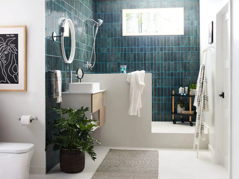 Modern bathroom with teal tiles, walk-in shower, and plant decor, featuring Aromatherapy Shower Combo With Dual Showerheads Handheld And Rain Shower INLY Capsule Technology Includes Spa Fragrance Starter Pack For A Wellness At Home Chrome Finish For A Spa Worthy Shower Experience Every Day.