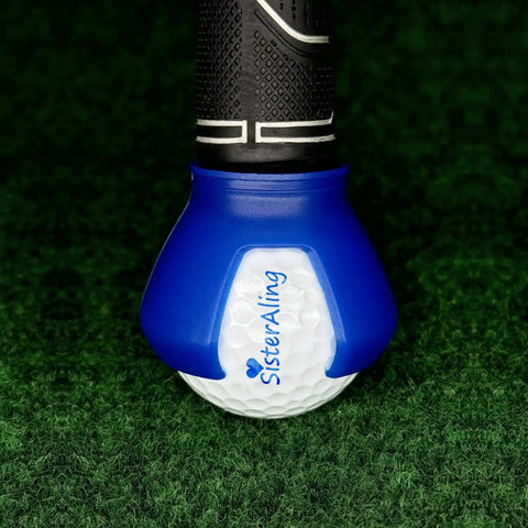 Close-up of 3-Prong Golf Ball Retriever Grabber with Back Saver Claw attached to putter grip, blue suction cup holding a golf ball.