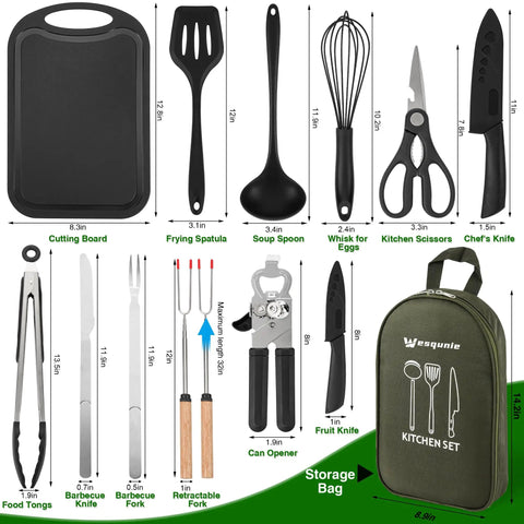 Grab-And-Go 14-Piece Camping Cookware Set With Stainless Steel Utensils And Silicone Tools, Portable Camp Kitchen Mess Kit For Outdoor Cooking, RV And Picnic Gear, Green display with tools and storage bag