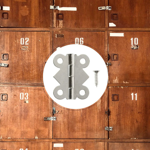 Nickel Plated White Butterfly Cabinet Hinges 180 Degree 48 Pack shown against wooden doors with screws.