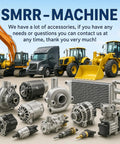 Construction machinery and various engine components displayed with trucks and excavators in the background.