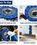 Steps using 8 Inch Aluminum Polishing Wheel Kit Pro-Grade For Angle Grinders Flange-Free Install Five Eighths Inch Arbor 11 Piece Set