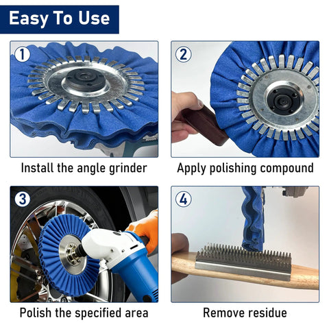 Steps using 8 Inch Aluminum Polishing Wheel Kit Pro-Grade For Angle Grinders Flange-Free Install Five Eighths Inch Arbor 11 Piece Set