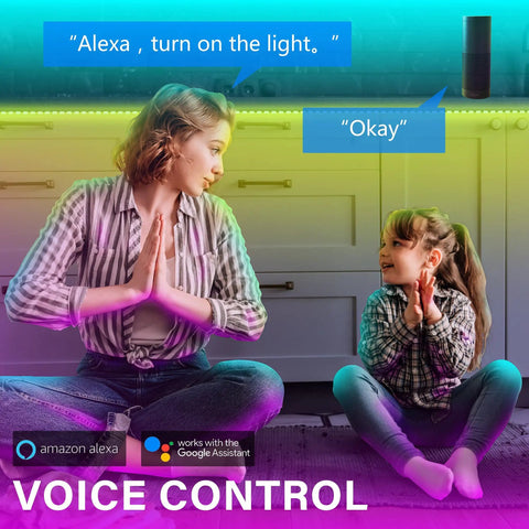 Woman and child using 100 Ft LED Strip Lights For Bedroom And Living Room RGB Rope Light With Bluetooth App Control Color Changing