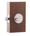 Satin Stainless Single Cylinder Deadbolt With ANSI Grade 3 Security installed on wooden door panel.