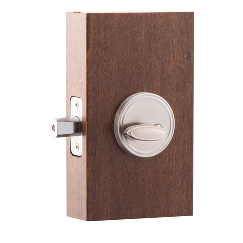Satin Stainless Single Cylinder Deadbolt With ANSI Grade 3 Security installed on wooden door panel.