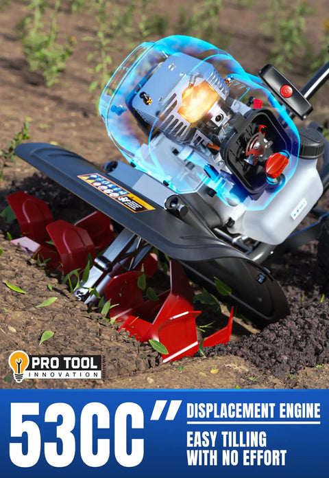 Power Packed 53cc Garden Tiller With 15 Inch Cultivator Width Liftable Booster Rod shown on soil with visible engine detail