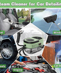 Beast Mode Handheld Steam Cleaner For Home And Cars 2500W High Temp Pressurized Machine with wheels, engine, and seat detailing.