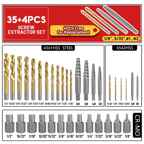 Image of 39 Piece Screw Extractor Set With Left Hand HSS Drill Bits, multi-spline and spiral extractors, displayed by size.