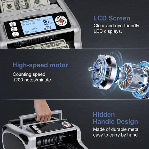 K08 Money Counter Machine With 3.8 Inch Value Display For USD And EUR, high-speed motor, hidden handle, 1200 bills/min