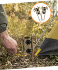 Six-Piece Adjustable Camping Tent Pole Kit with Heavy-Duty Aluminum Stakes being used for tent setup on grassy ground.