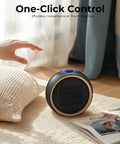 Cozy Plug-In Space Heater With 2 Second Fast Heating And PTC Ceramic on a rug, showing size and compact design for home use.