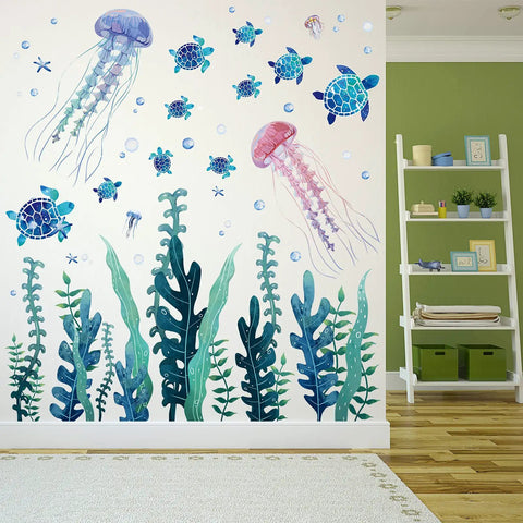 Three Sheets Ocean Wall Decals Set With Jellyfish And Sea Turtle Stickers Plus Ocean Seaweed Vinyl Wall Decor For Kids Nursery Bathroom Bedroom Removable Gift Idea