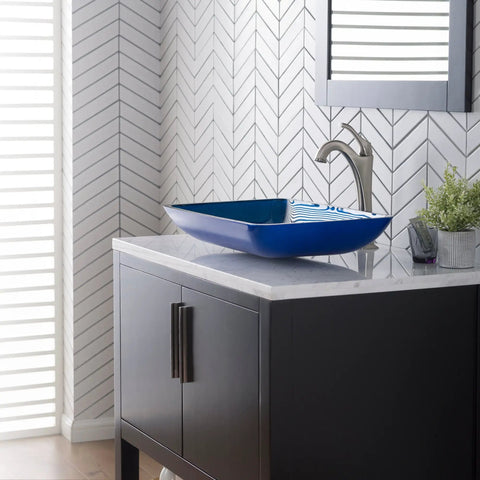 Rectangular Blue Glass Vessel Sink For Bathroom 22 Inch Above Counter Design Scratch Resistant And Easy Clean Interior