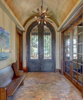 Entryway with 9 Light Sputnik Pendant Light Black With Natural Wood Shade Industrial Farmhouse Vibe Ceiling Fixture