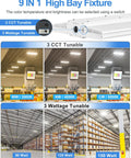 Adjustable Wattage LED High Bay Light 150W 120W 90W, 1.3Ft Linear Hanging Warehouse Lamp, 3000K 4000K 5000K CCT display