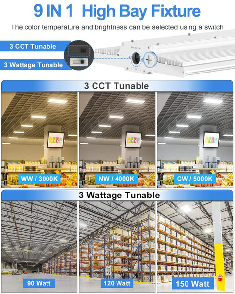 Adjustable Wattage LED High Bay Light 150W 120W 90W, 1.3Ft Linear Hanging Warehouse Lamp, 3000K 4000K 5000K CCT display