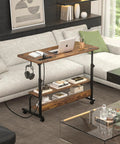 Rolling Standing Desk With Power Outlets And USB Ports, 32 Inch Manual Height Adjustable Mobile Computer Desk On Wheels next to sofa