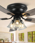 52 Inch Flush Mount Farmhouse Ceiling Fan With Remote And Reversible Wood Blades Brings Cool Airflow And Warm Lighting, overhead view with light fixture.