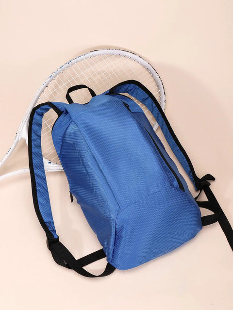 Ultra Light 12L Bike Backpack For Mountain Biking And All Day Adventures, Super Slim 134g Pack, blue design, beside a tennis racket