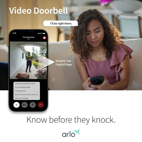 Woman using smartphone to view 2K Video Doorbell With Wired Or Wireless Setup, 2-Way Audio, Night Vision, Head-To-Toe Video View