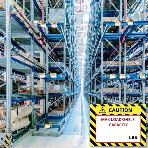 TopShelf Heavy Duty Pallet Rack Capacity Labels 100 Pack featuring durable 3X4 inch max load stickers on warehouse racking.