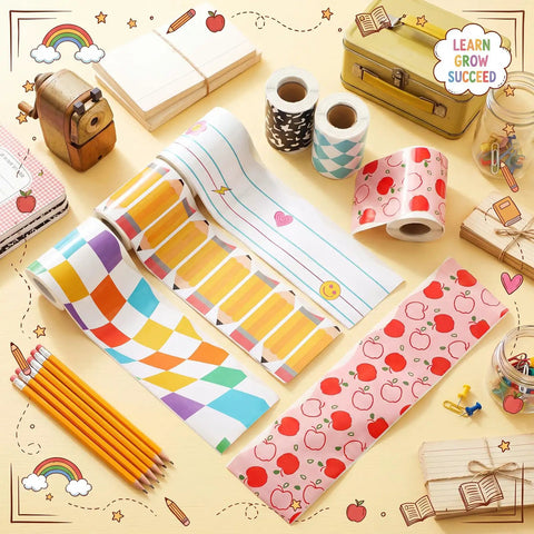 Six Back To School Bulletin Board Borders Set 198 Feet Total with 2.36 Inch Wide Rolls displayed on a desk with decor.