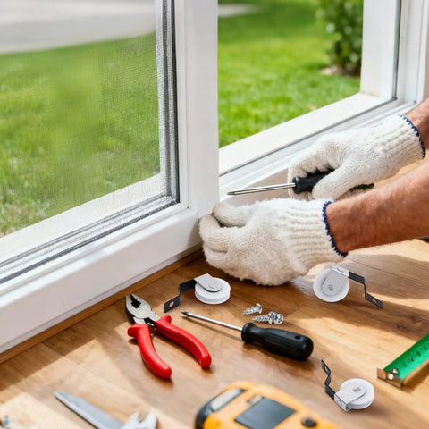 User installing Four Piece Spring Tension Screen Door Rollers Replacement Sliding Patio Door Wheels Fits B638 B687 B639 in home.