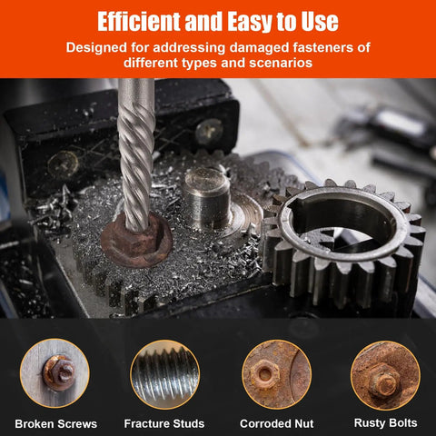 Go To 10 Piece Screw Extractor And Left Hand Drill Bit Set With Alloy Spiral Flutes Easy Out Fastener Remover Kit in use on rusty bolt