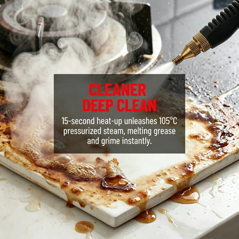 2500W Handheld High Temperature Steam Cleaner with 6 Adjustable Steam Levels and 105 Degrees Celsius Steam Temperature removing grease.