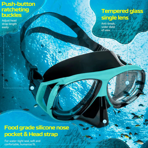 Nearsighted Dry Snorkel Mask Set for Adults and Youth with Detachable Camera Mount, Adjustable Strap, Anti Fog Tempered Glass